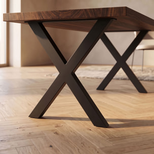 Tavolo da pranzo 220x100cm in legno e metallo con piedi ad "X" e ripiano in colore legno teak