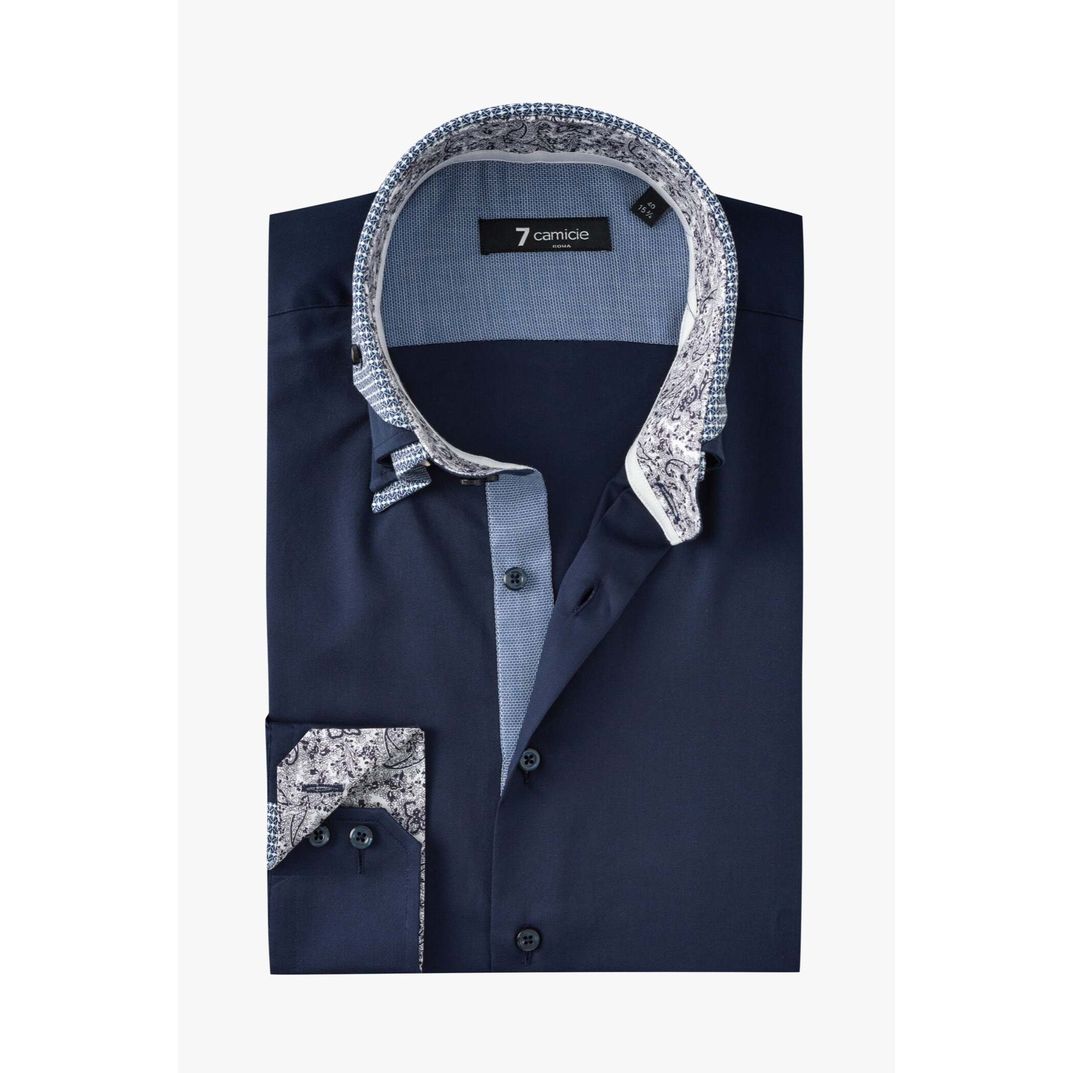 Camicia Uomo 2 Bottoni Button Down Triplo Collo Slim Satin Unito Blu