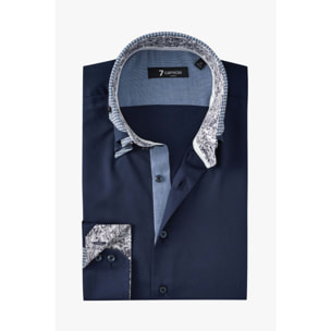 Camicia Uomo 2 Bottoni Button Down Triplo Collo Slim Satin Unito Blu