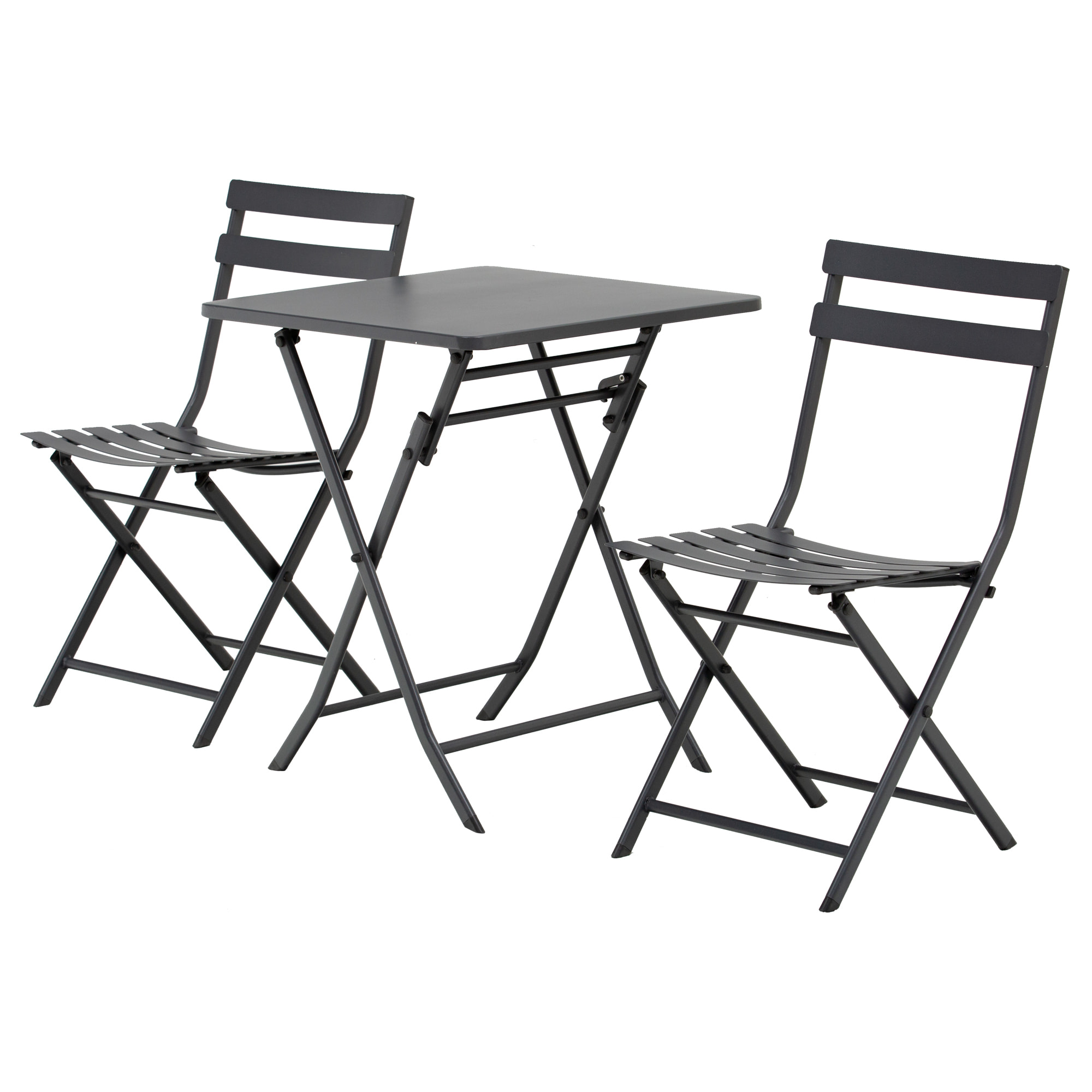 Salon de jardin bistro pliable - table carrée dim. 60L x 60l x 71H cm avec 2 chaises - métal thermolaqué gris