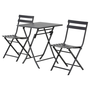 Salon de jardin bistro pliable - table carrée dim. 60L x 60l x 71H cm avec 2 chaises - métal thermolaqué gris
