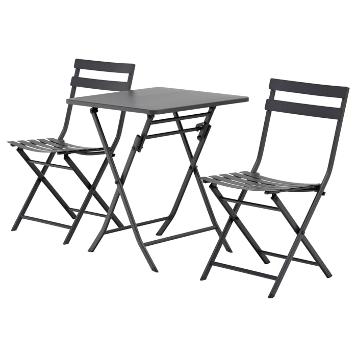 Salon de jardin bistro pliable - table carrée dim. 60L x 60l x 71H cm avec 2 chaises - métal thermolaqué gris