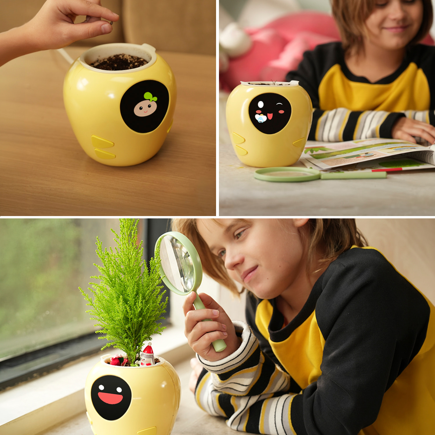 Vaso intelligente A2 con sensori interni ed esterni, display interattivo con espressioni facciali, batteria da 2200mAh e monitoraggio completo della pianta.
