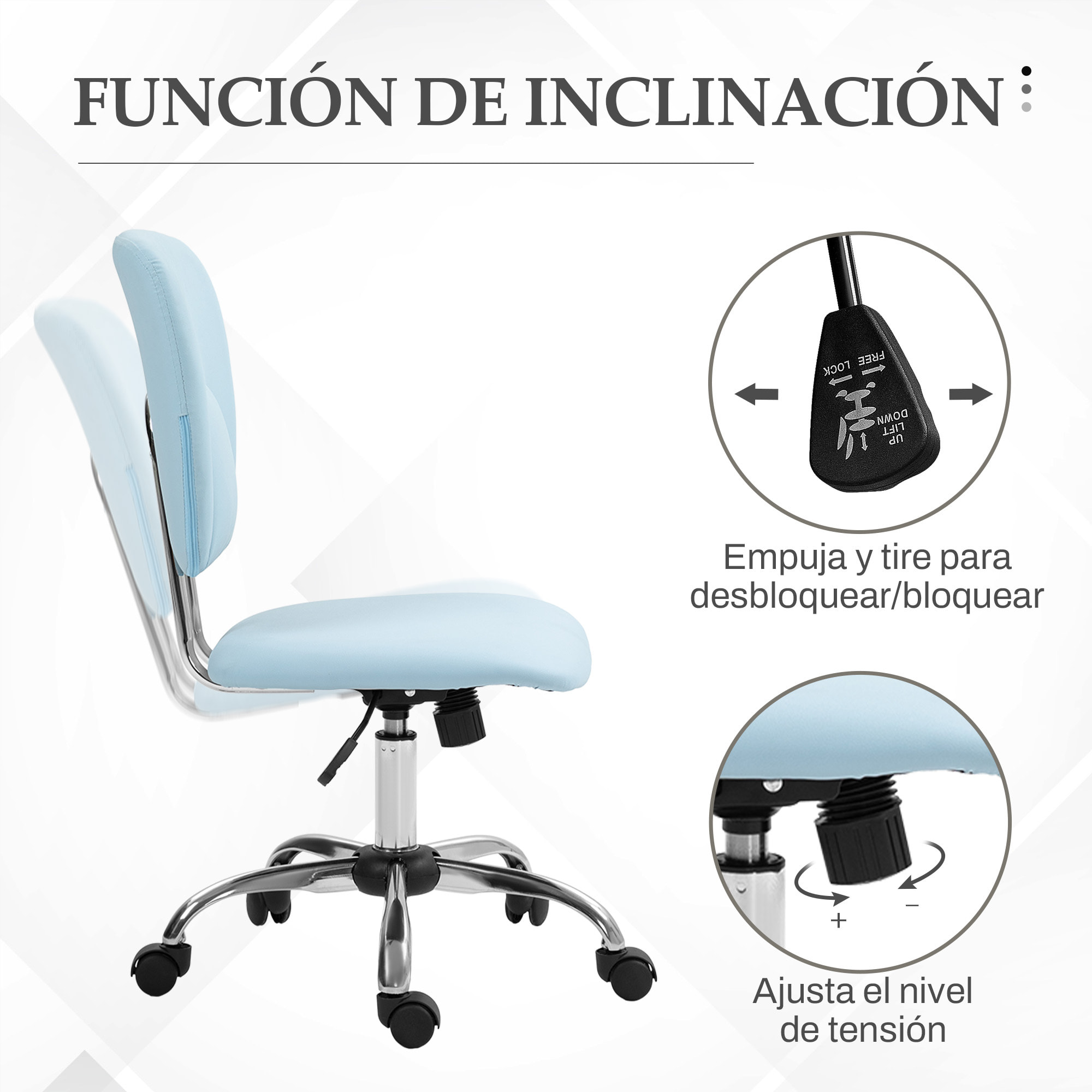 Silla de Oficina sin Reposabrazos Silla de Escritorio Juveniles con Altura Ajustable y Función de Inclinación Carga 120 kg 50x54x87,5-96,5 cm Azul Claro