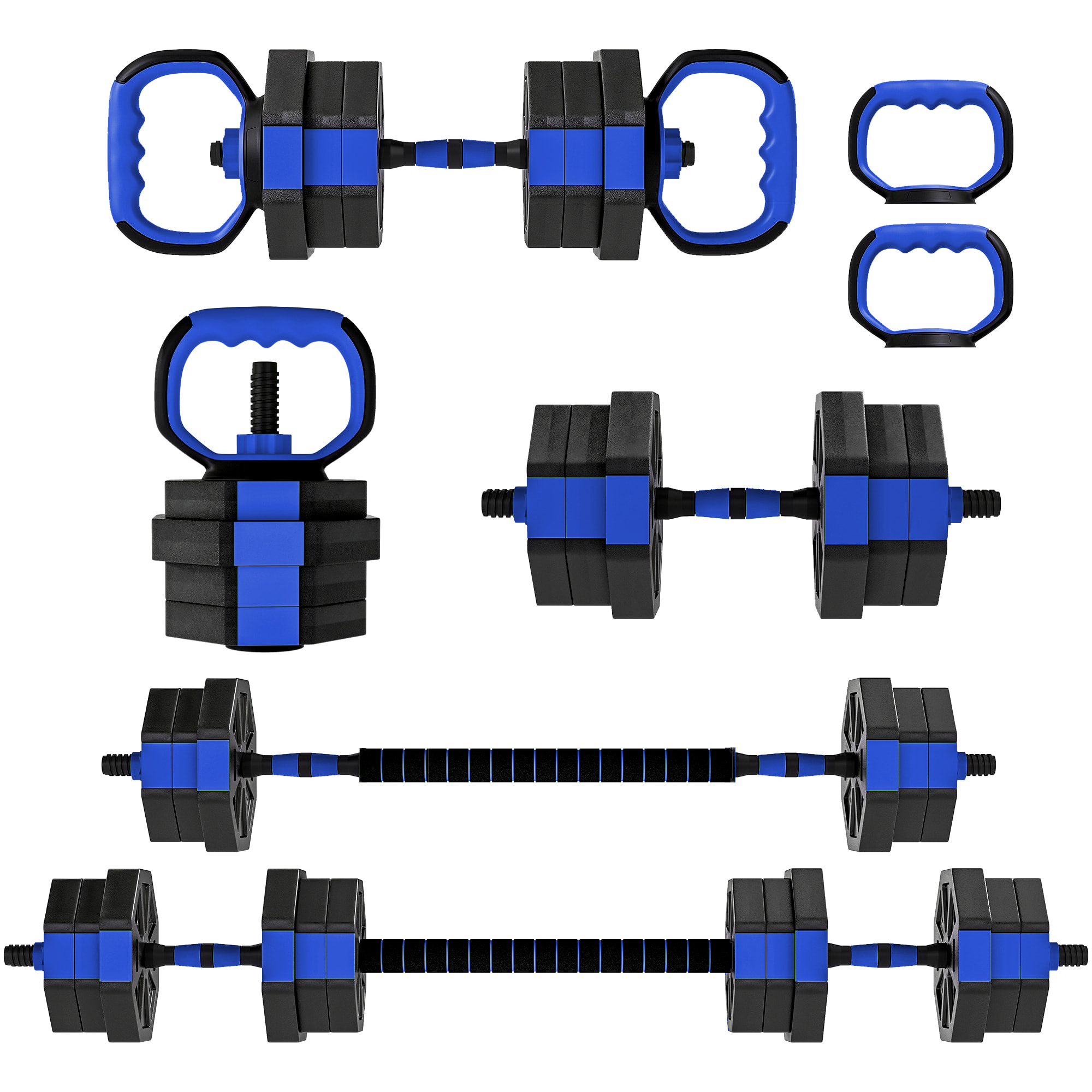 Ensemble d'haltères musculation multifonction 4 en 1 - haltères, kettlebell, push-up support, Olympic barre - total 20Kg - PVC bleu noir