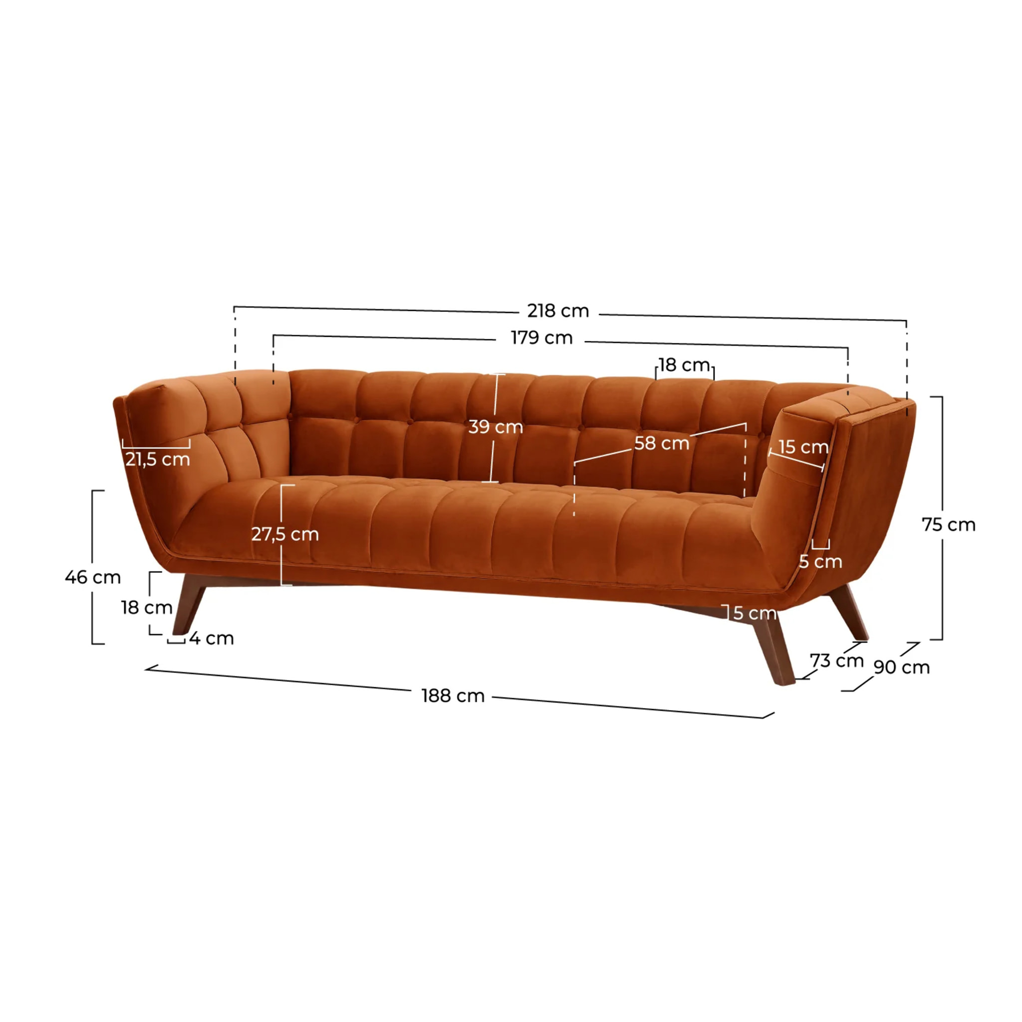 Canapé 3 places en velours orange curcuma - Mona