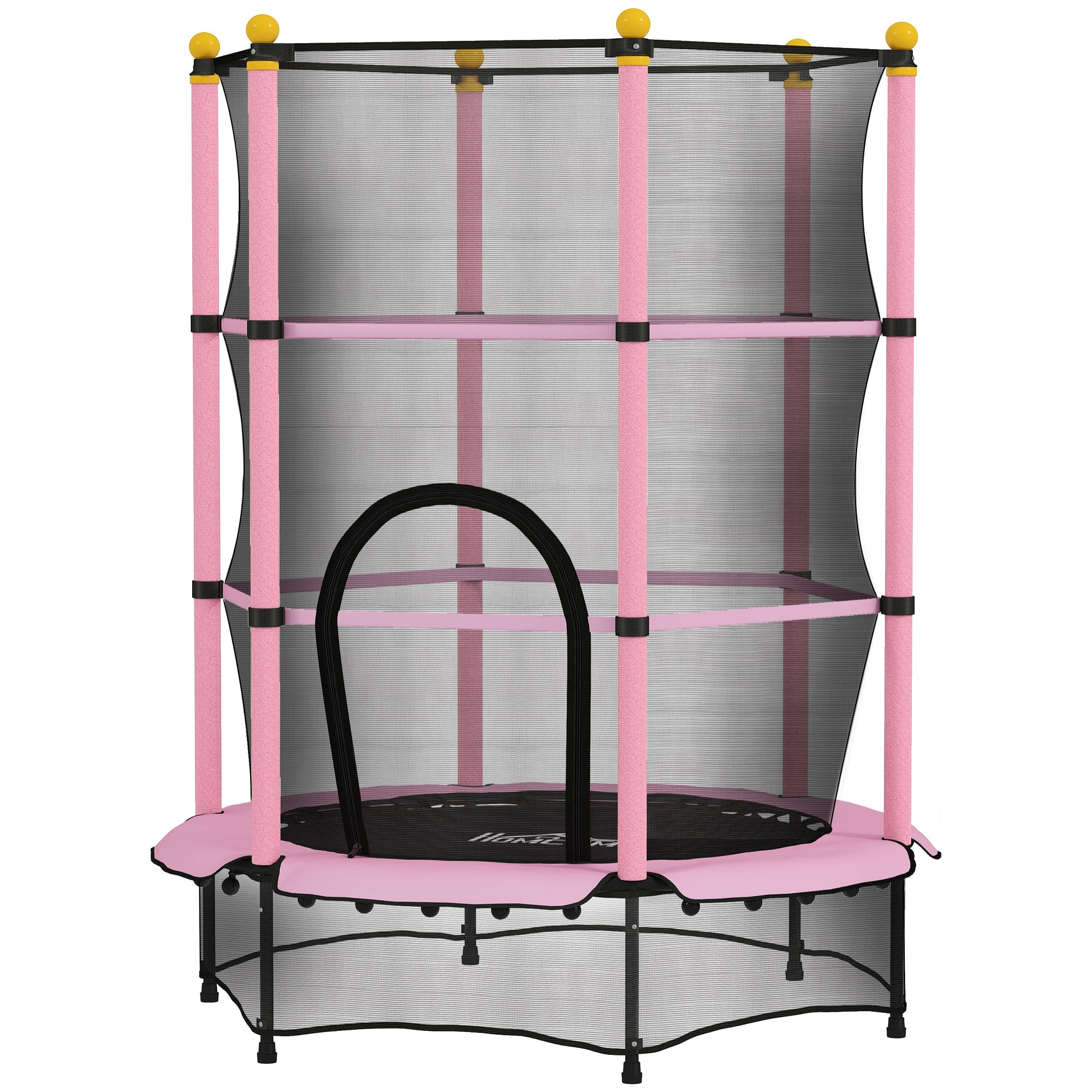 Trampoline de jardin enfants Ø 1,40 x 1,90H m filet de sécurité porte zipée couvre-ressorts + 6 poteaux rembourrés inclus rose
