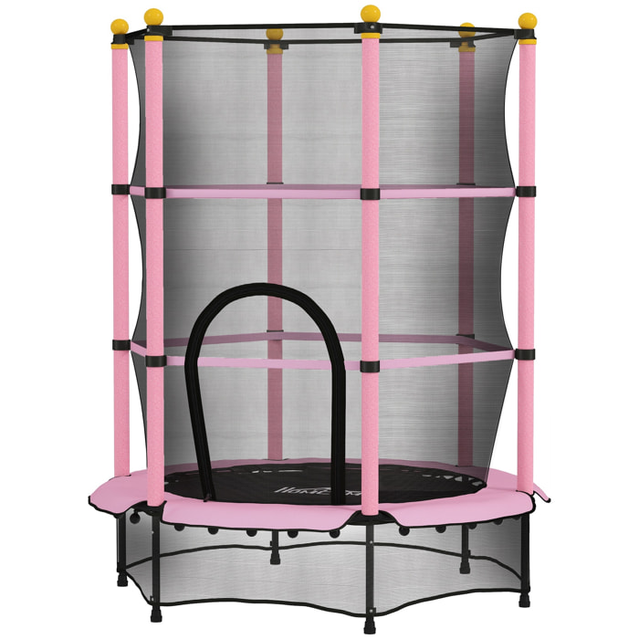 Trampoline de jardin enfants Ø 1,40 x 1,90H m filet de sécurité porte zipée couvre-ressorts + 6 poteaux rembourrés inclus rose