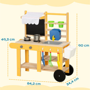 Cocina de Juguete Exterior con Ruedas, Cocinita Infantil de Madera con Agua Real, Fregadero, Estufas, Estantes, Macetas, Pizarra y 15 Accesorios, 84,2x34,4x90 cm, Amarillo