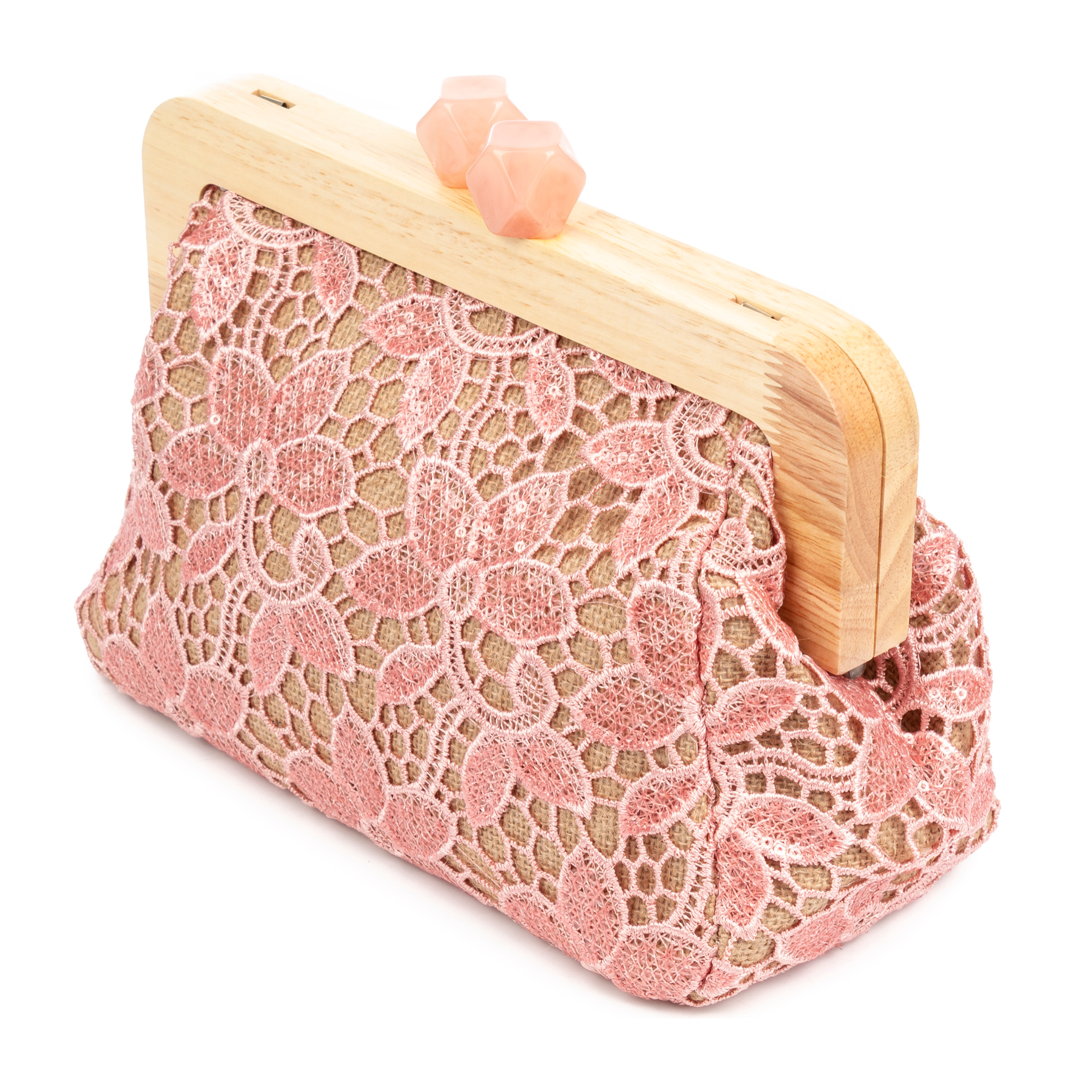 Borbera Borsa a spalla Donna. Realizzata in legno naturale, cotone e juta con un design in rete di tessuto floreale.