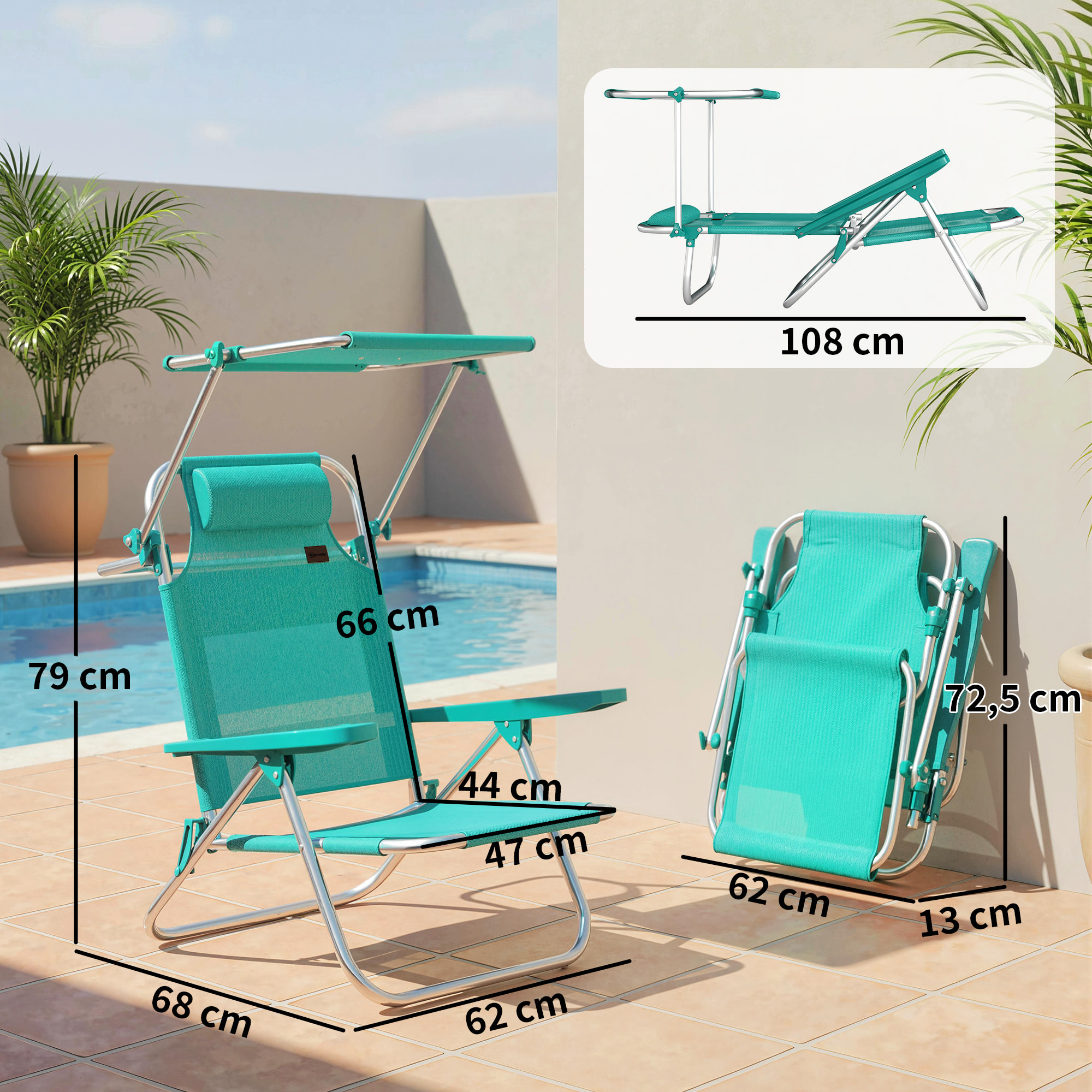 Chaise de plage pliable inclinable avec pare-soleil turquoise