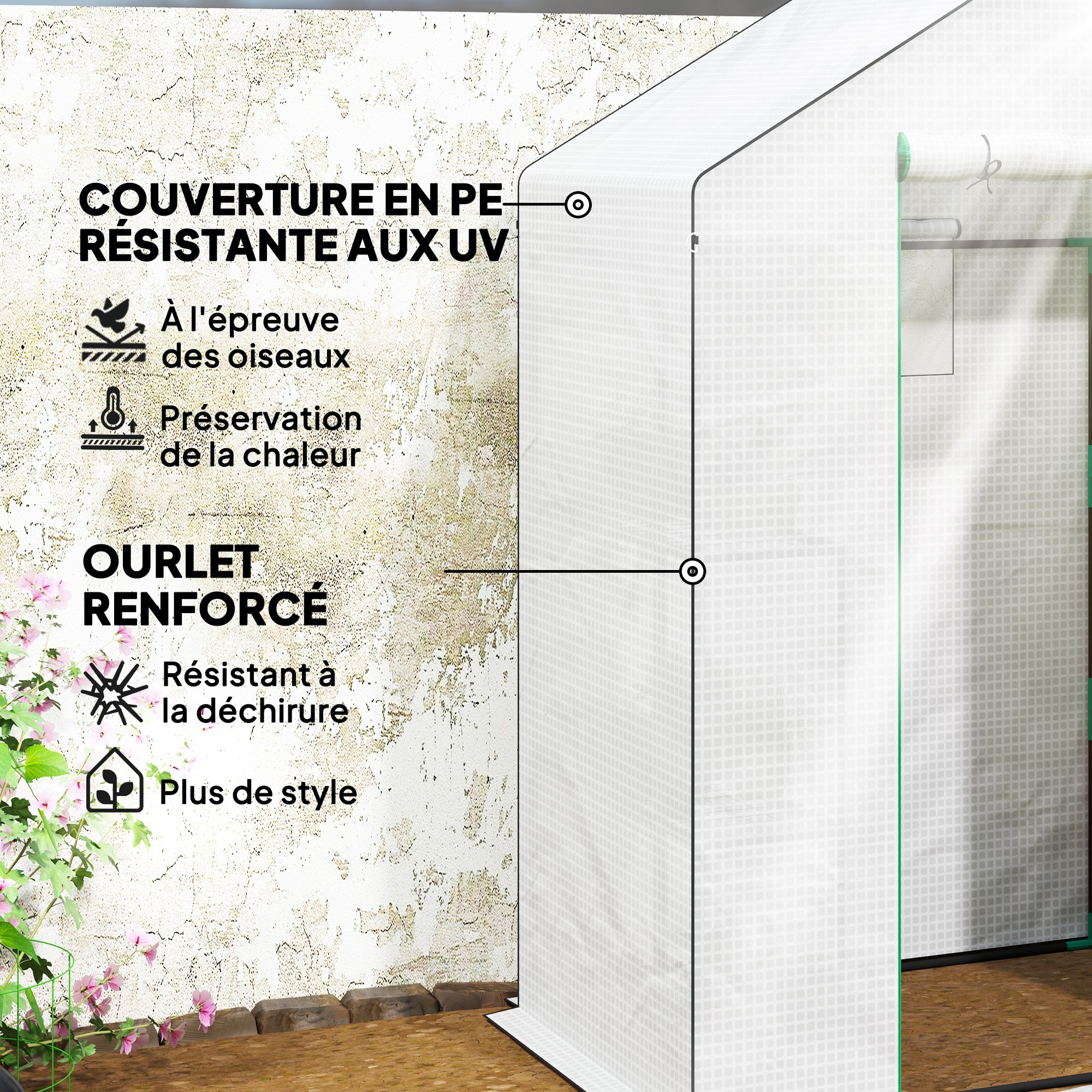 Serre de jardin 4 tablettes dim. 1,43L x 0,74l x 1,9H m porte déroulante fenêtre acier PE haute densité blanc
