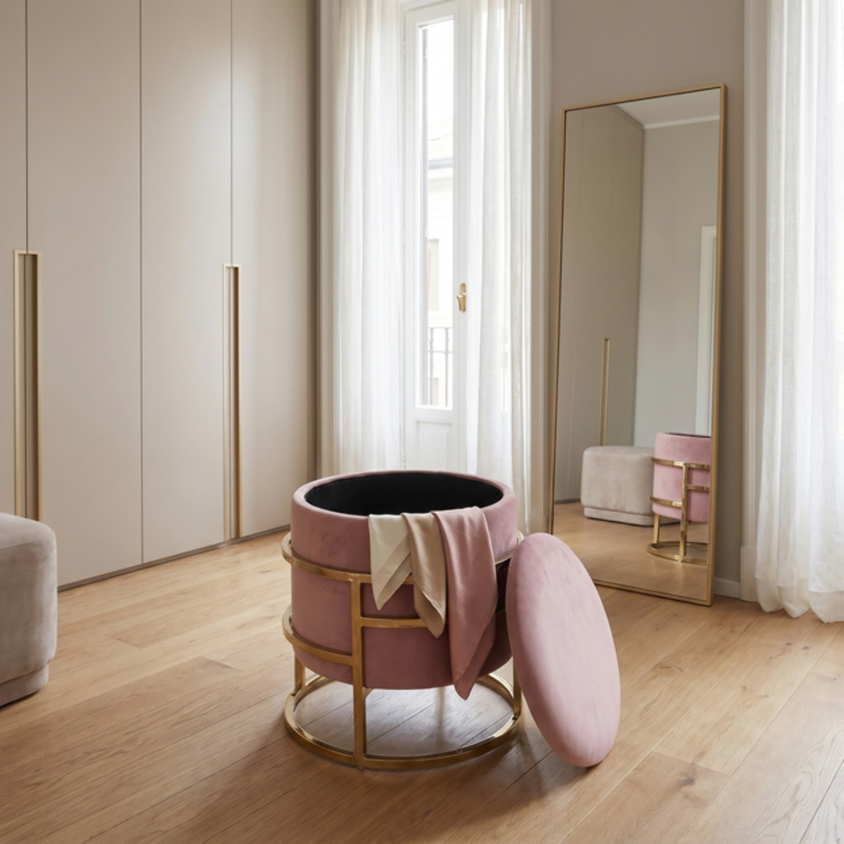 Pouf Contenitore Rotondo in Velluto con Coperchio e Base in Acciaio Dorata, Seduta Imbottita con Vano Contenitore dallo Stile Elegante per Soggiorno, Camera da Letto e Ingresso