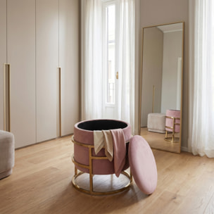 Pouf Contenitore Rotondo in Velluto con Coperchio e Base in Acciaio Dorata, Seduta Imbottita con Vano Contenitore dallo Stile Elegante per Soggiorno, Camera da Letto e Ingresso