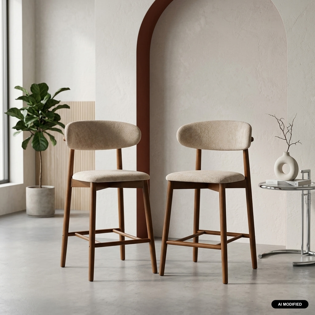 Tabouret de bar bois d'hévéa noyer et tissu chenille (lot de 2)  PAOLA
