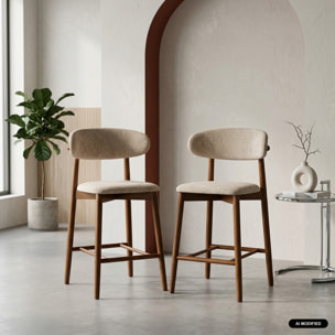 Tabouret de bar bois d'hévéa noyer et tissu chenille (lot de 2)  PAOLA