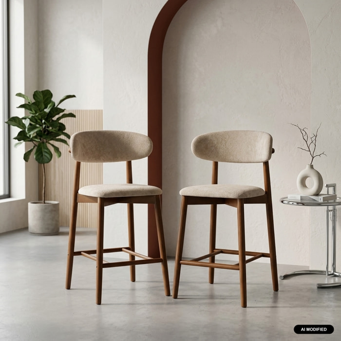 Tabouret de bar bois d'hévéa noyer et tissu chenille (lot de 2)  PAOLA