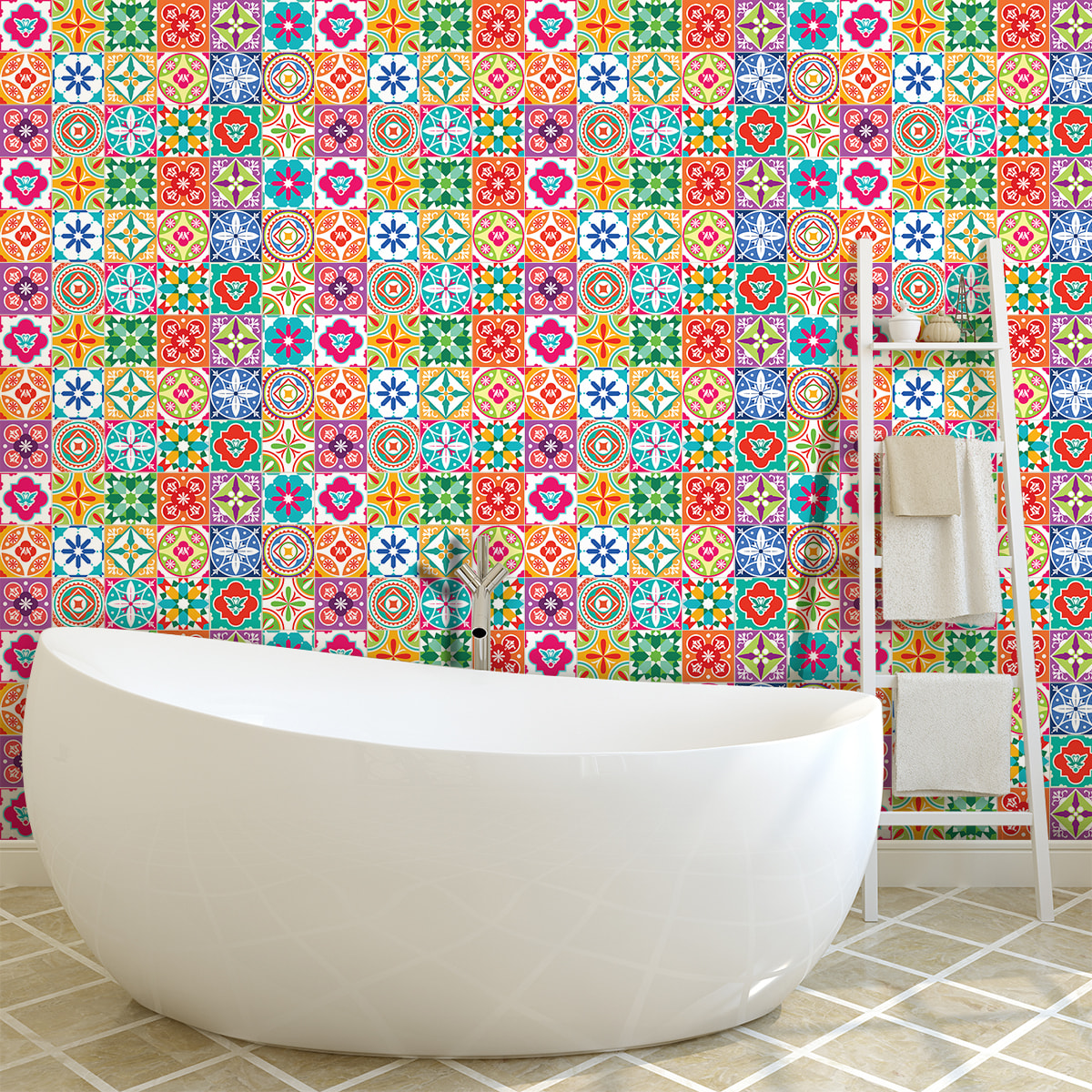 Stickers muraux - Sticker Mural Carrelage adhésif Cuisine Salle de Bain - 60 STICKERS CARREAUX DE CIMENT AZULEJOS CLARIA