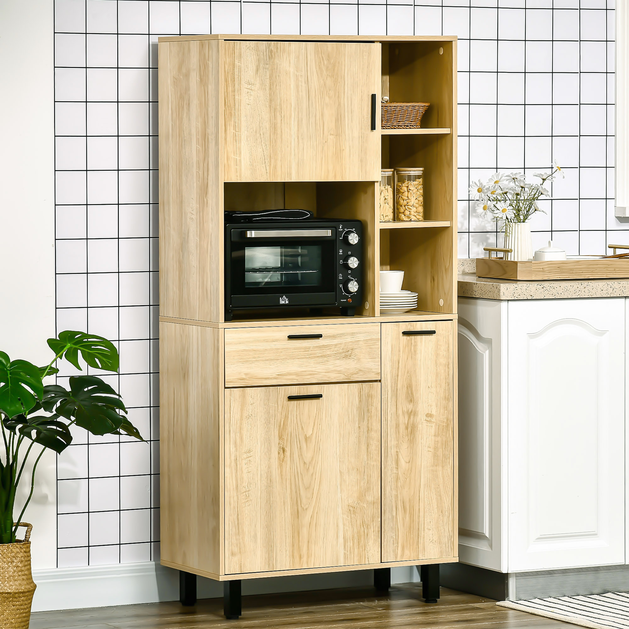 Buffet haut - armoire de cuisine multi-rangement - 3 portes, 4 niches, tiroir - piètement métal noir panneaux particules aspect bois clair