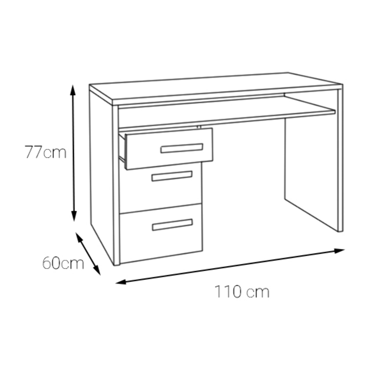 Scrivania con cassettiera a tre cassetti ed un ripiano, colore cemento e bianco, cm 110 x 77 x 60