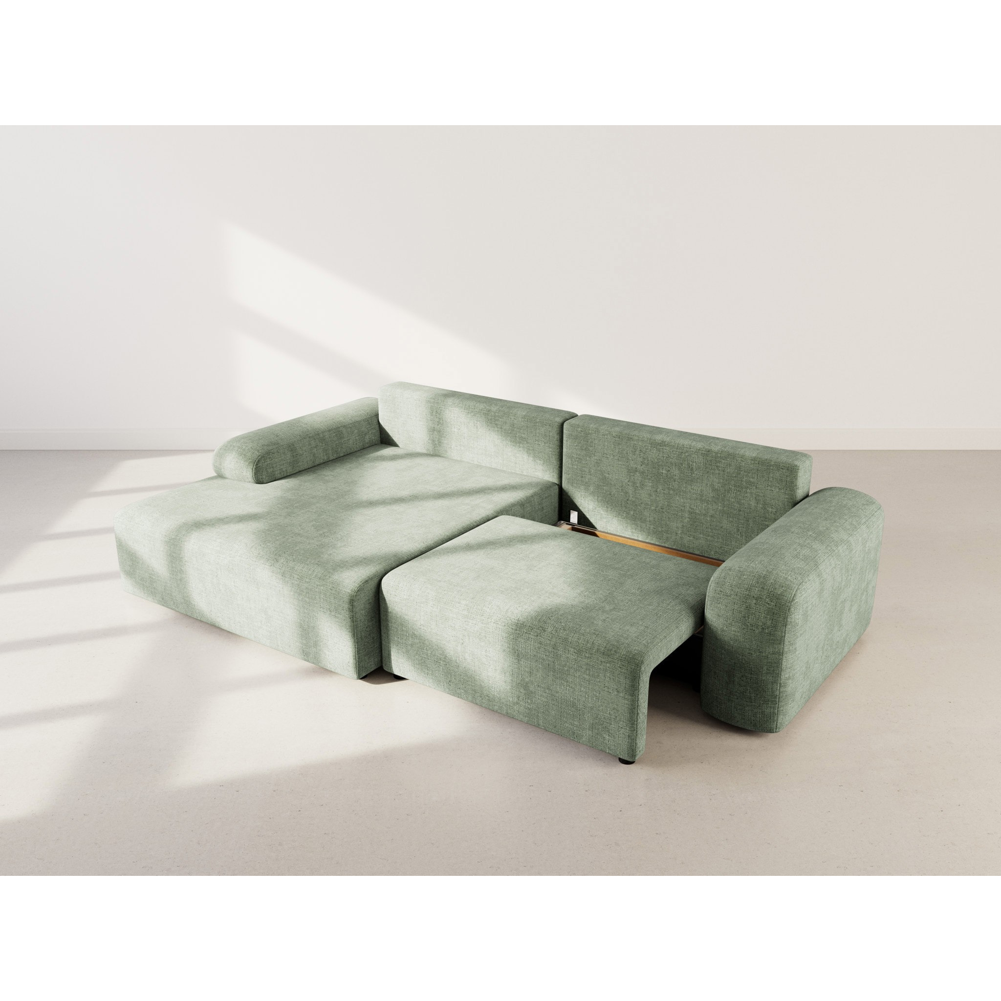 Rebecca - canapé d'angle gauche 4 places convertible avec coffre en velours texturé - Vert sauge