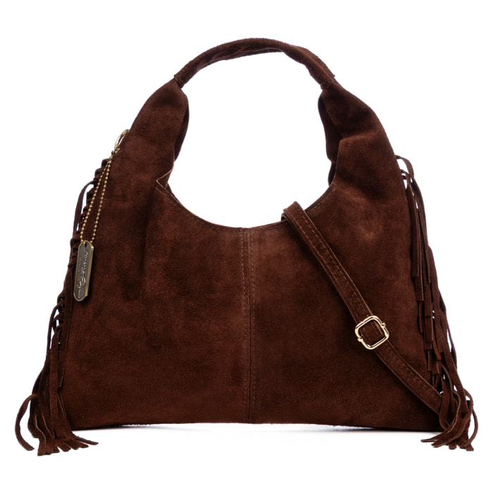 Barisciano bolso de hombro de mujer. Piel auténtica Gamuza, con flecos.