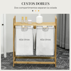 Cesto para Ropa Sucia de Bambú Cesto de la Ropa Sucia con 2 Bolsas Extraíbles y Estante Carga 20kg 2x40,6L para Baño Dormitorio 64x33x73 cm Natural