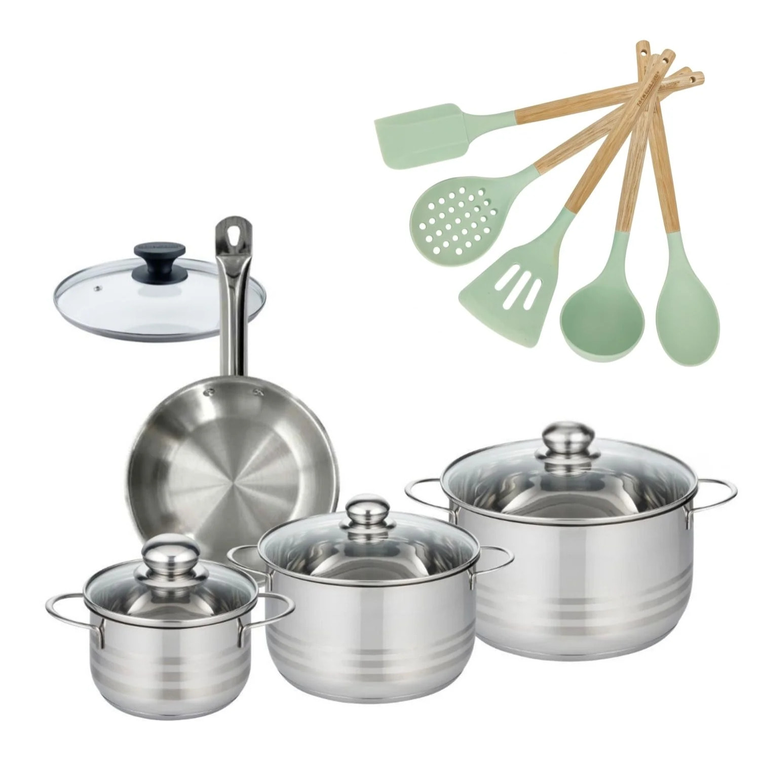 Lot Poêle avec couvercle et 3 Faitouts 16/20/24cm Fackelmann Etherna avec 6 ustensiles Océan