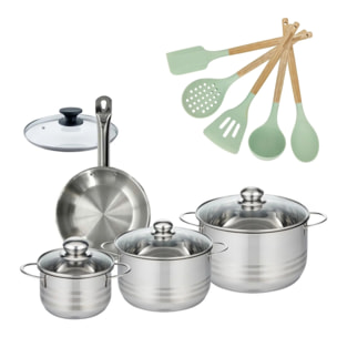 Lot Poêle avec couvercle et 3 Faitouts 16/20/24cm Fackelmann Etherna avec 6 ustensiles Océan