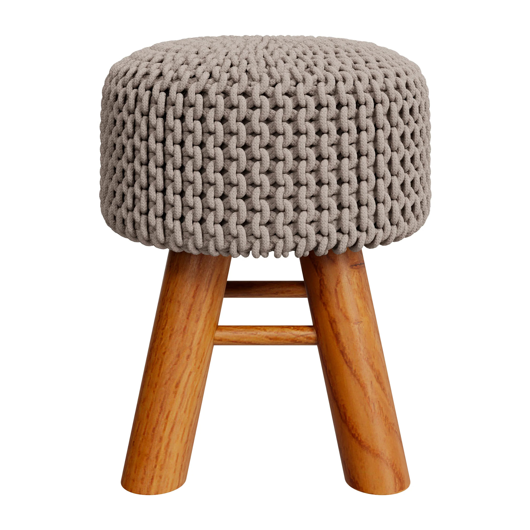 Petit tabouret rond en tricot coton gris clair et pieds en bois - Lisa