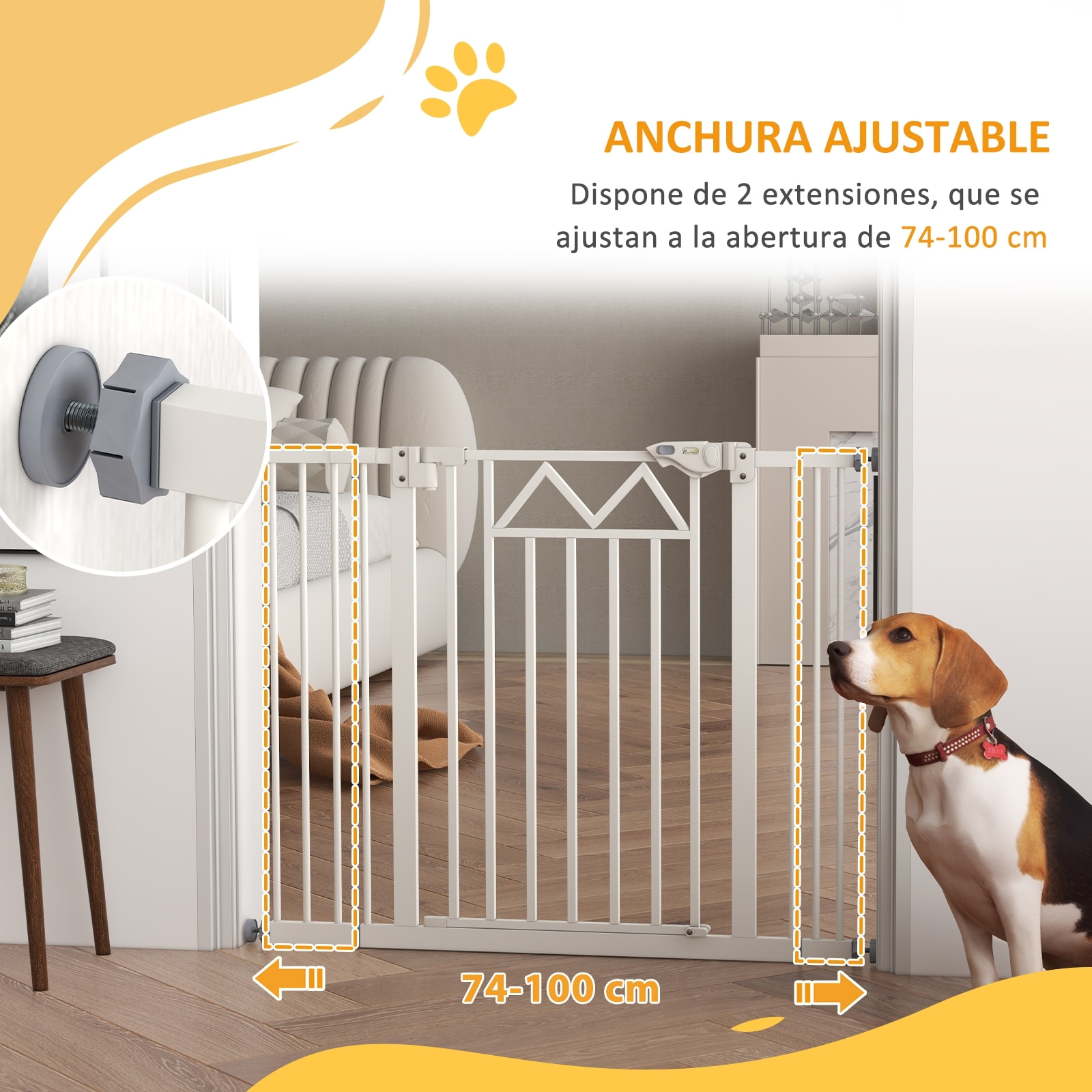Barrera de Seguridad para Perros Extensible 74-100 cm, para Puertas y Escaleras, Barrera para Perros con Cierre Automático, Doble Bloqueo, Montaje a Presión y 2 Extensiones 7/14cm, Blanco