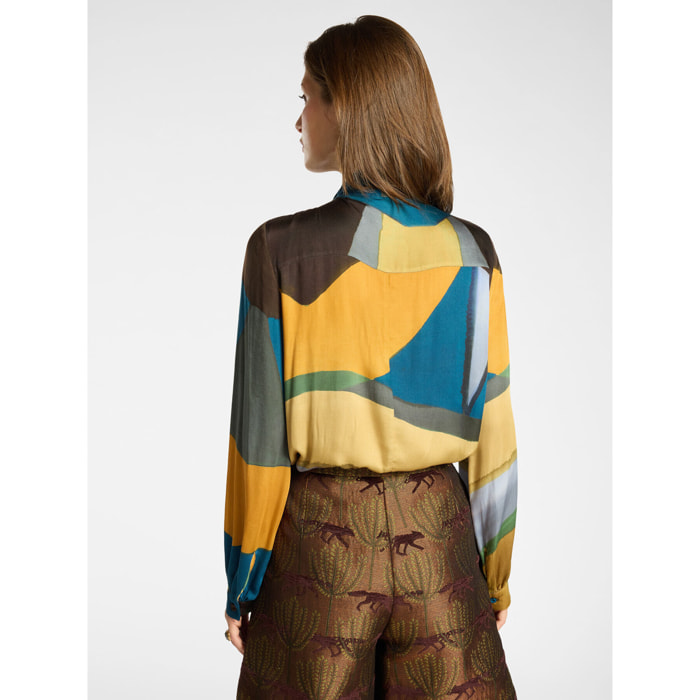 Elena Mirò - Blusa in raso stampato con fiocco - Giallo