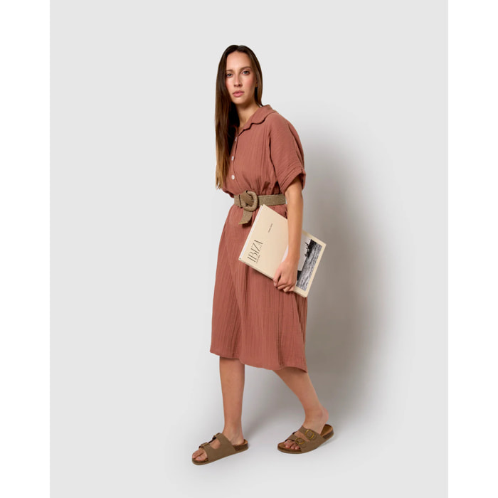 Vestido midi manga fluida muselina rosette