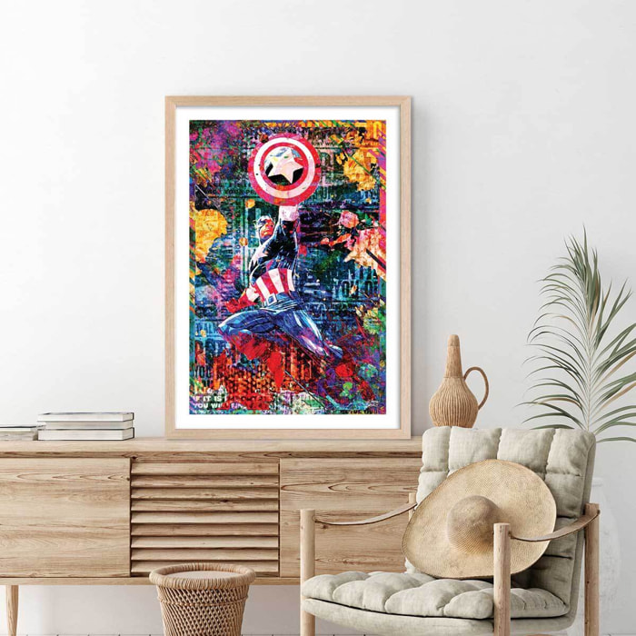 Affiche graffiti captain america Affiche + cadre en bois - Chêne