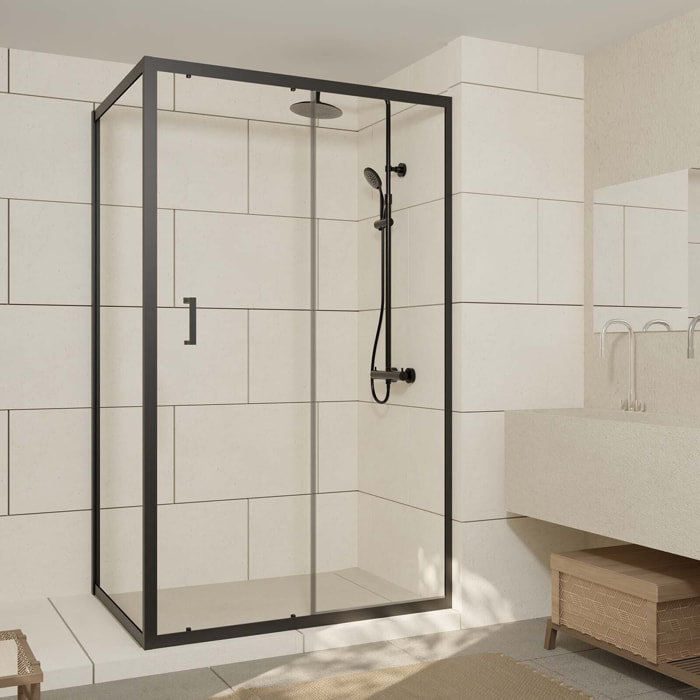 Porte de douche + Retour 120x90x200 cm - Verre 6 mm - Profilé Noir - CRUSH