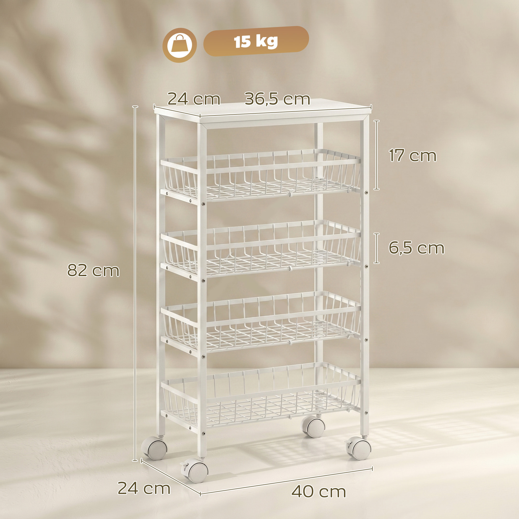 Carrito Auxiliar con Ruedas, Carrito de Cocina con 4 Cestas Extraíbles, Carga 15 kg, Marco Metálico, para Comedor, Sala de Estar, Baño, 40x24x82 cm, Blanco