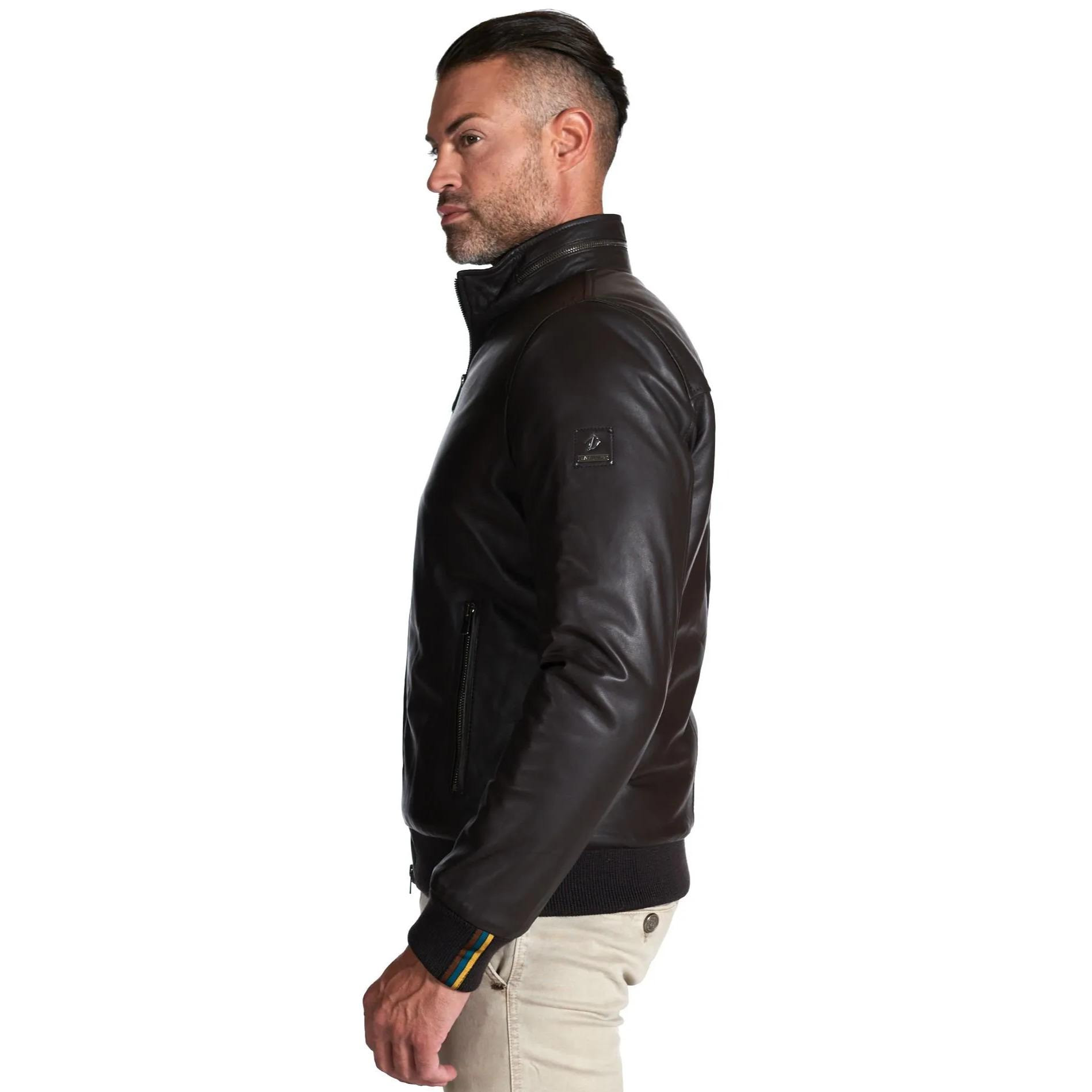 Bomber imbottito in pelle nappa marrone collo coreana con cerniera