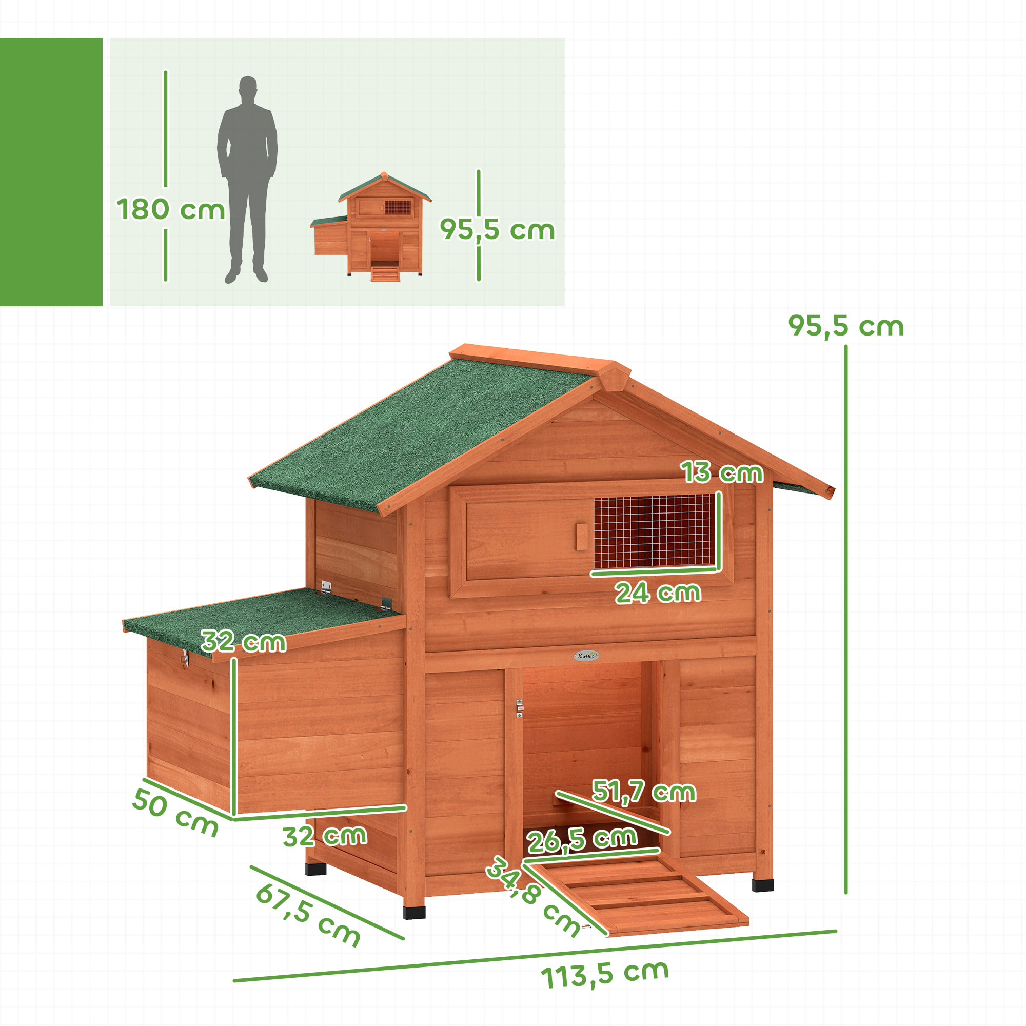 Gallinero para Exterior de Madera, 113,5x67,5x95,5 cm, Gallinero con Nido, Bandeja Extraíble, Techo Impermeable, Ventana Deslizante, Rampa, Perchas, Jaula para 2 Gallinas o Conejos, Naranja