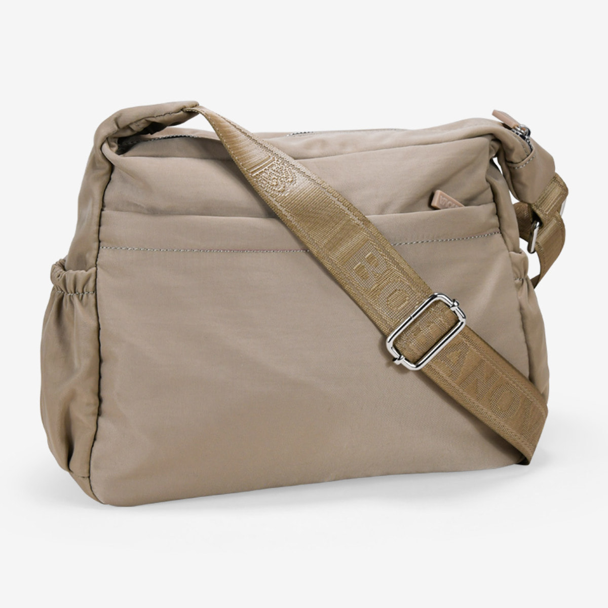Bolso bandolera tostado con cremallera y cosido de corazones