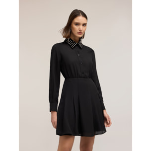Motivi - Vestido en georgette con cuello bordado - Negro