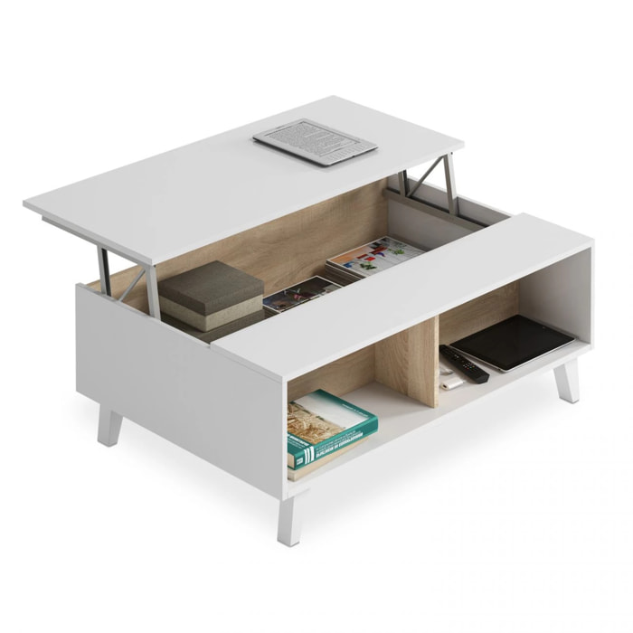 Mesa de centro elevable Niva Blanco Brillo - Roble Canadian