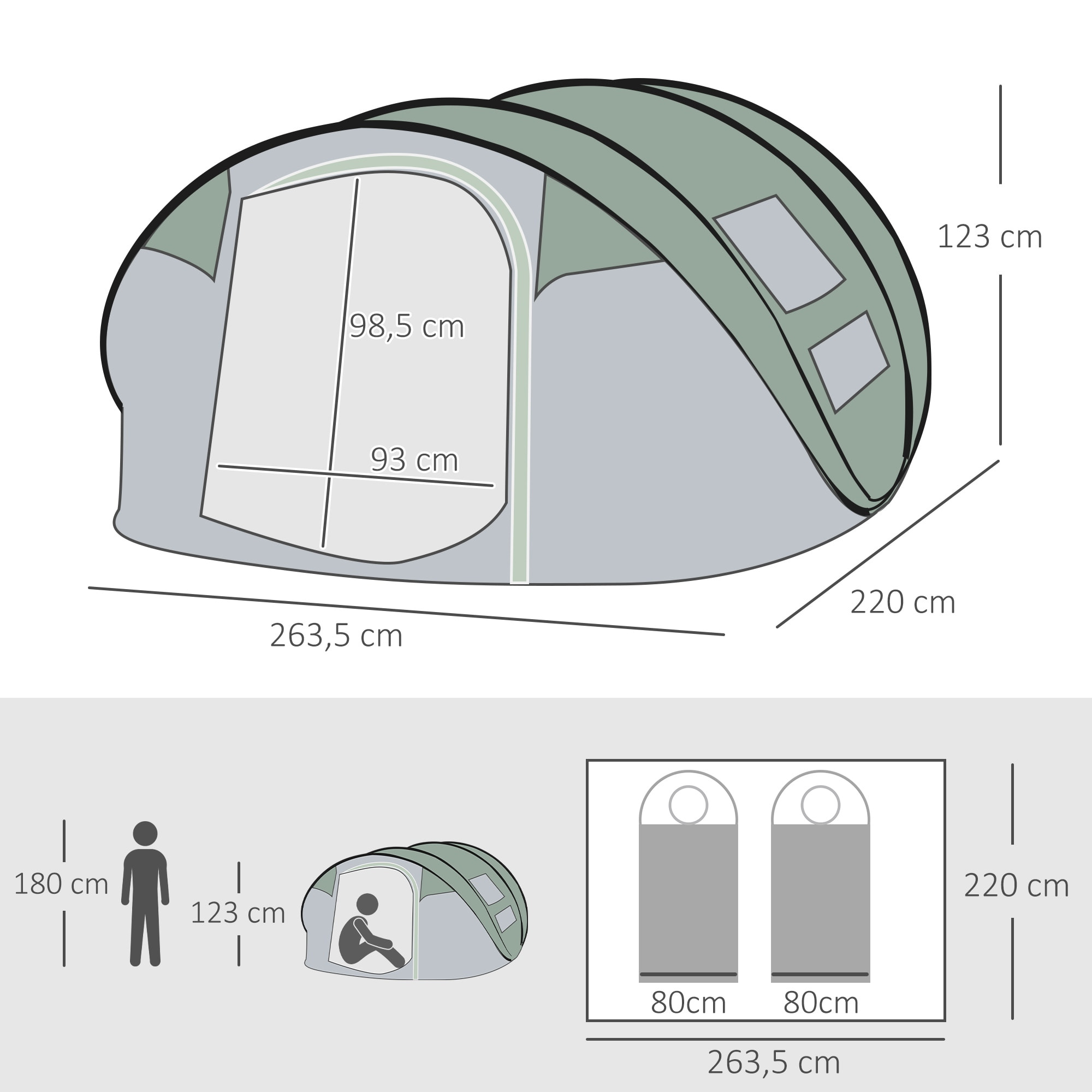 Tienda de Campaña Pop up para 4-5 Personas Tienda de Camping Instantánea con Ventanas Bolsillos y Bolsa de Transporte Impermeable Anti-UV 263,5x220x123 cm Verde y Gris