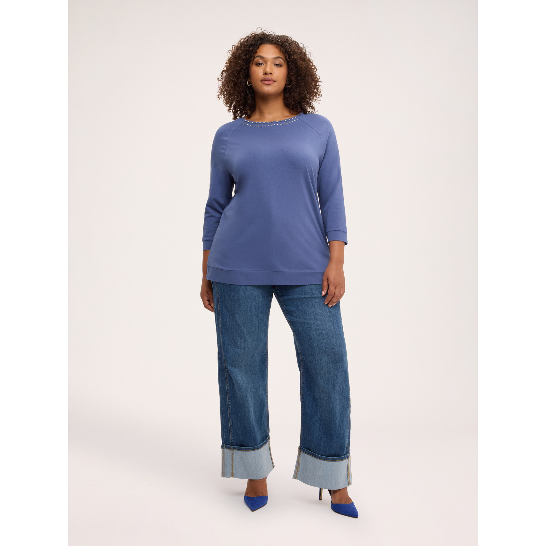 Fiorella Rubino - T-shirt in cotone con strass e borchie - Blu