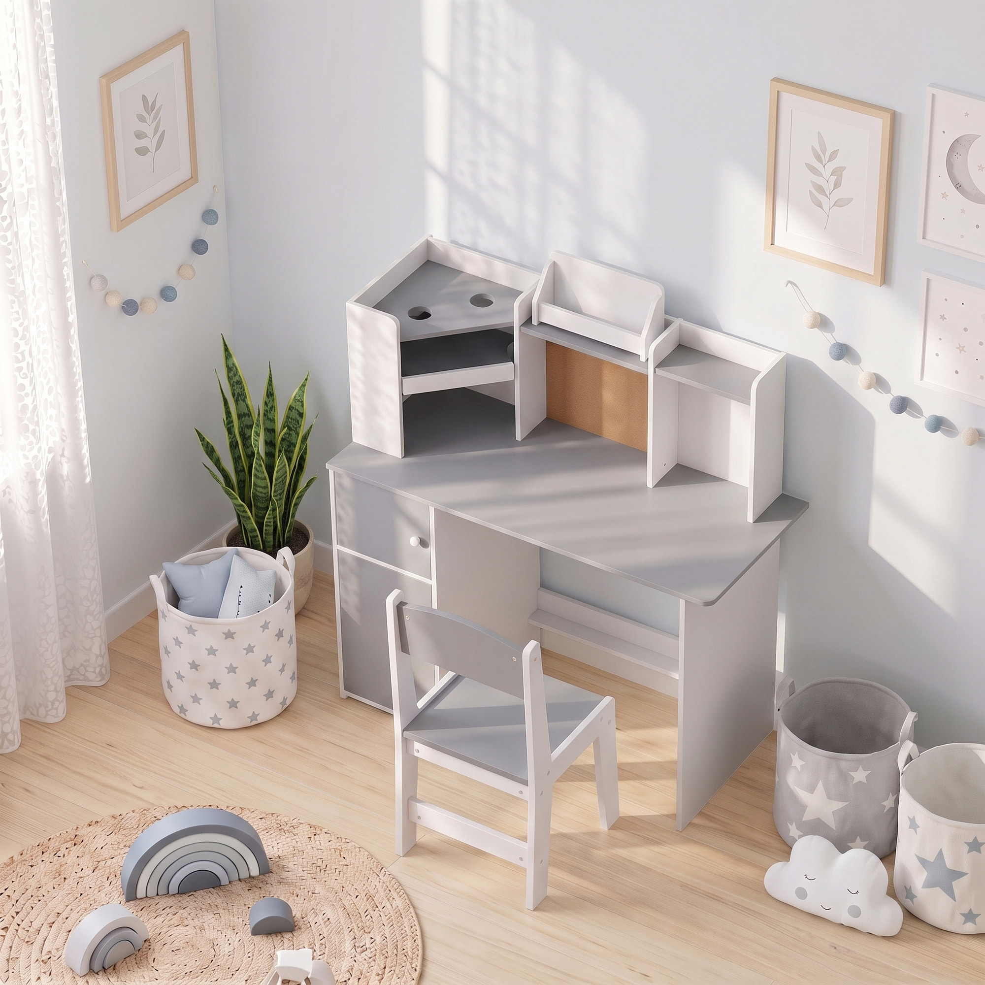 Bureau enfant chaise design multi-rangement avec panneau en liège blanc gris