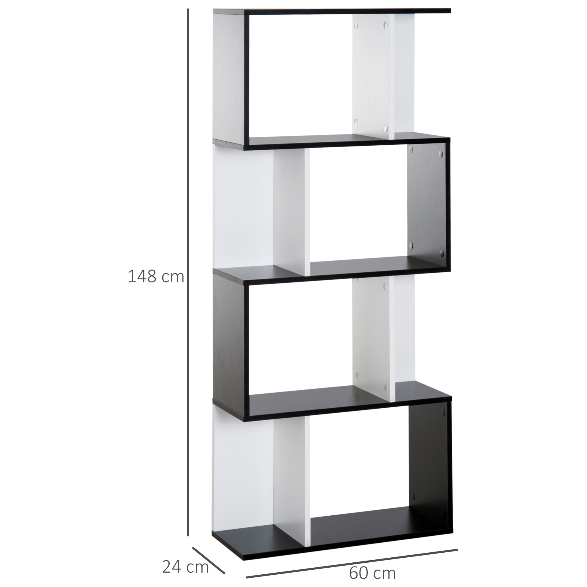 Bibliothèque étagère meuble de rangement design contemporain en S 4 étagères 60L x 24l x 148H cm noir blanc