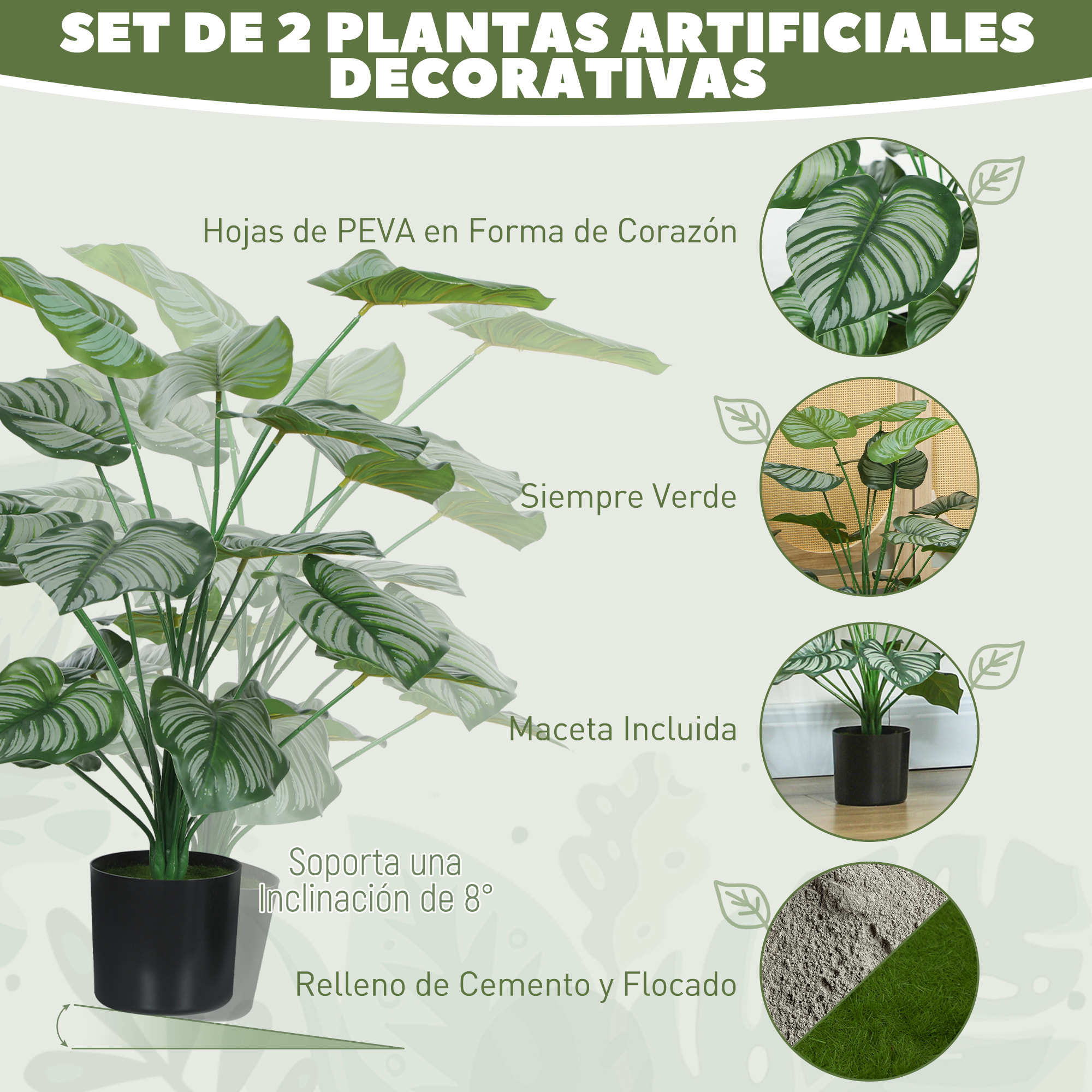 Conjunto de 2 Plantas Artificiales Decorativas 65 cm Plantas Artificiales con Maceta y Hojas para Interior Hogar Salón Oficina Verde