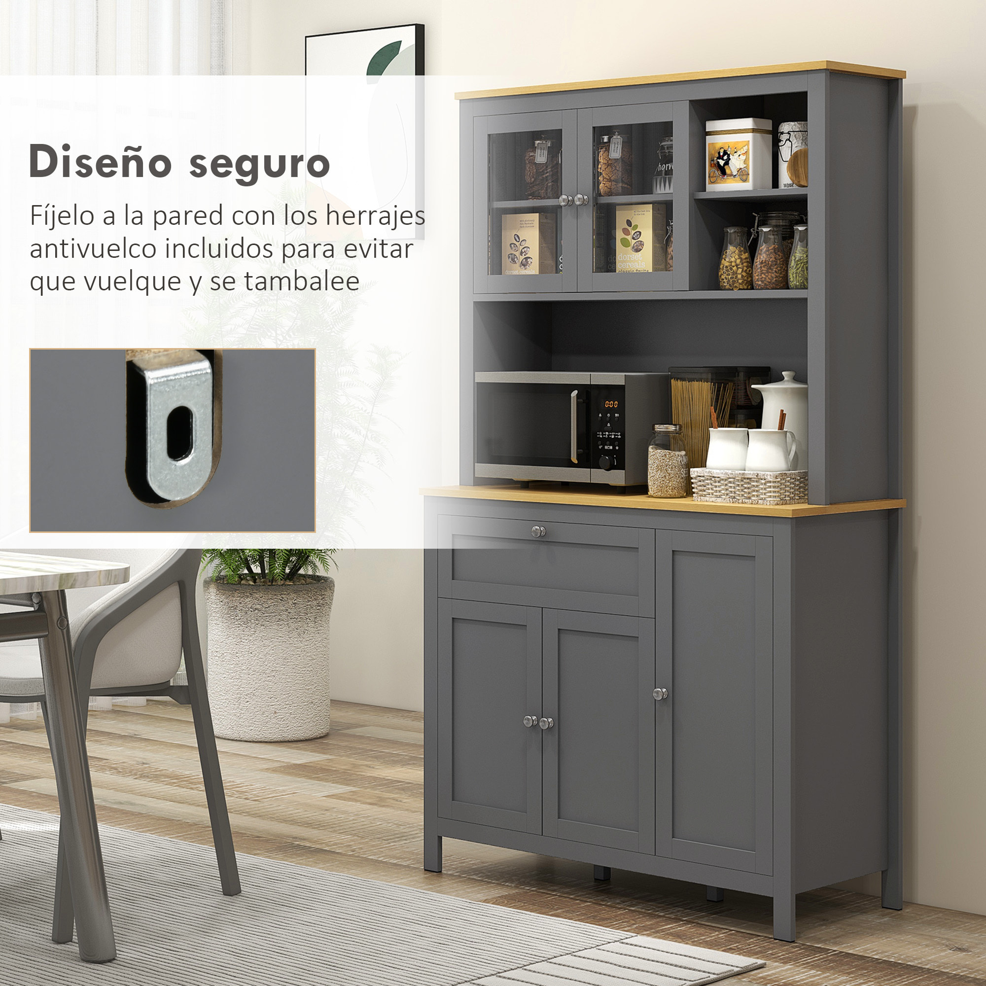 Alacena de Cocina Alta, Mueble Auxiliar de Cocina, con 5 Puertas, Estante Ajustable, Cajón, Encimera Abierta de Microondas, Orificio para Cable, 100x40x180 cm, Gris