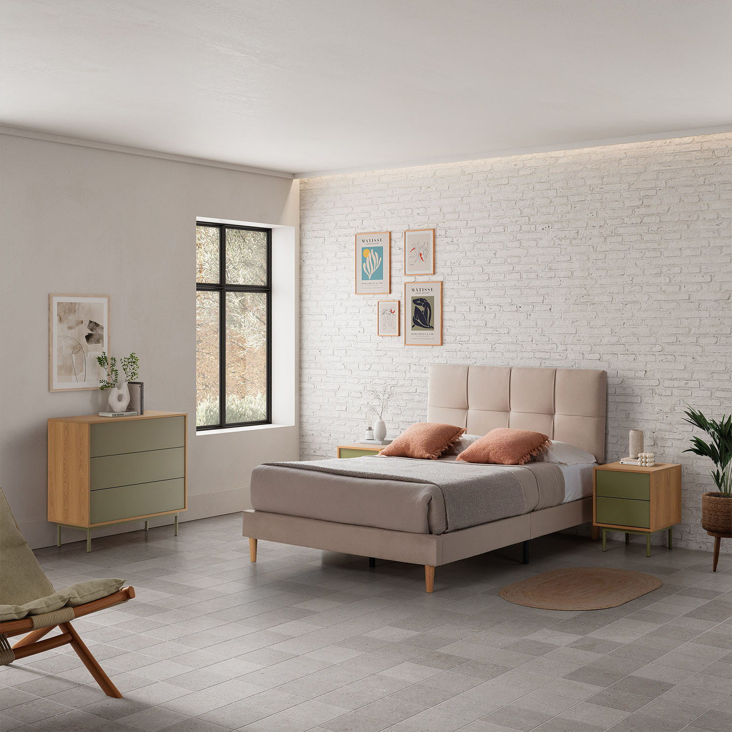 Mesita de noche Cuzco 2 cajones color Roble/Verde