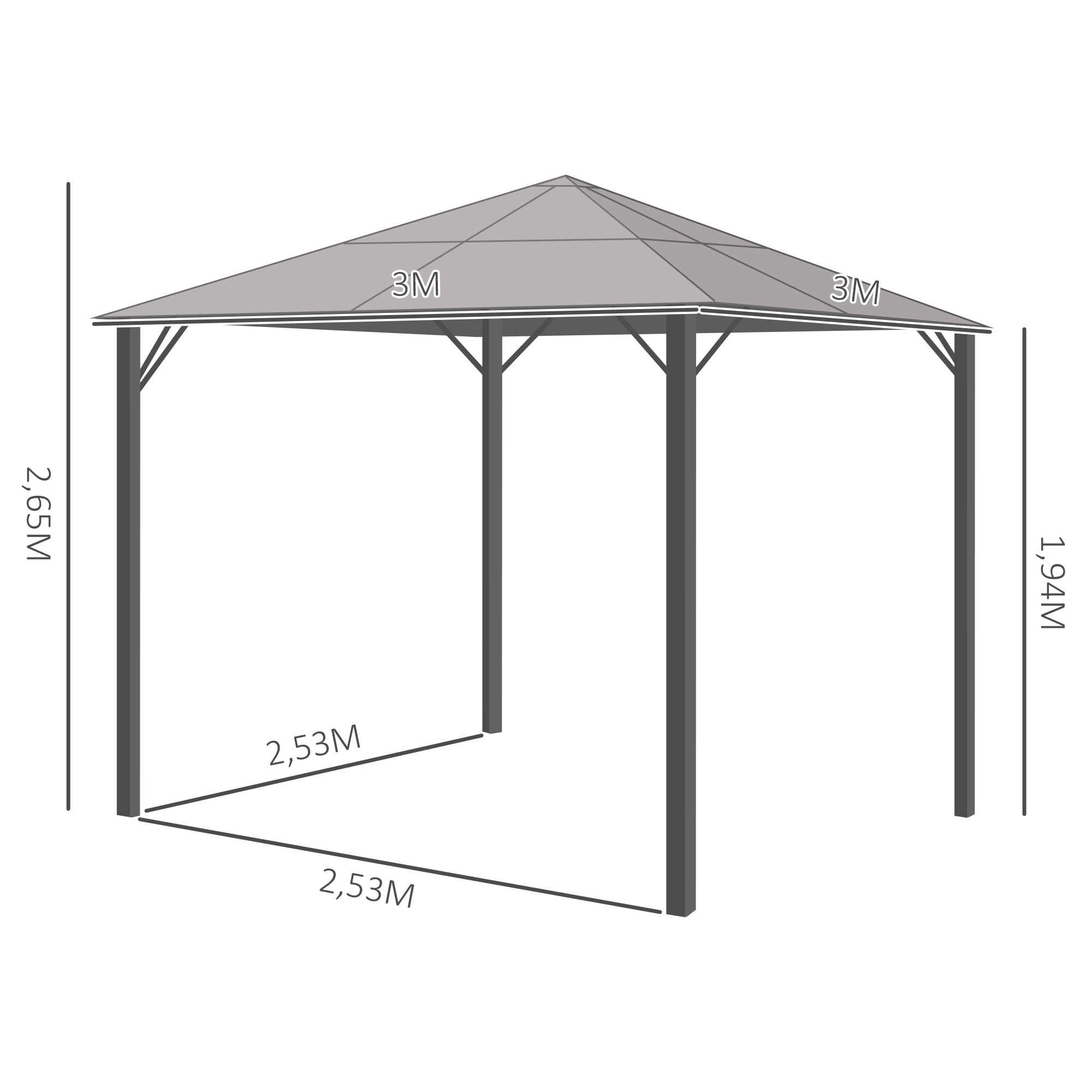 Cenador 3x3 m con Techo de Policarbonato 4 Cortinas Laterales Marco de Metal