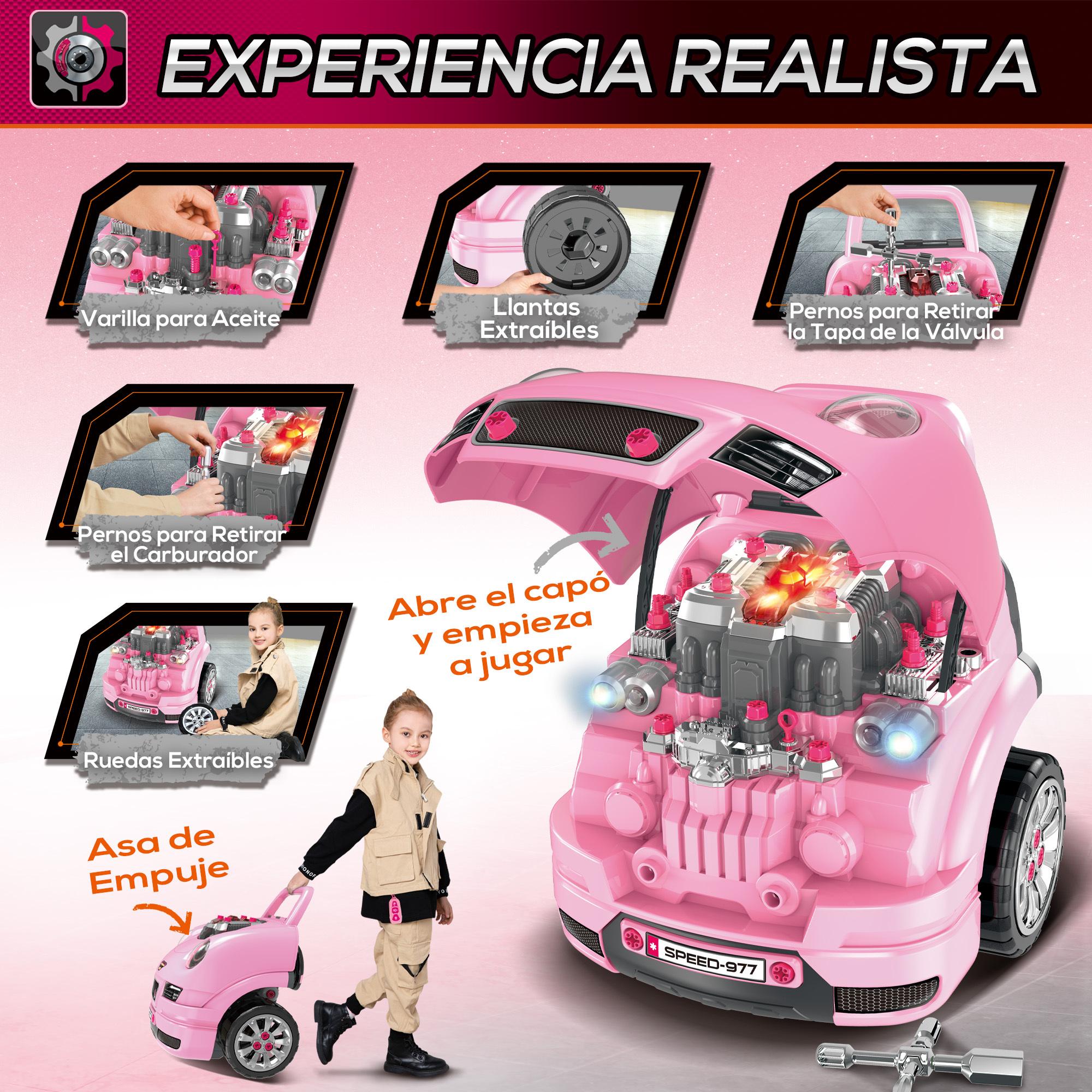 Motor de Camión para Niños de +3 Años Conjunto de Motor de Juguete con 61 Piezas Volante Bocina Faros Caja de Almacenaje y Ruedas 40x39x47 cm Rosa